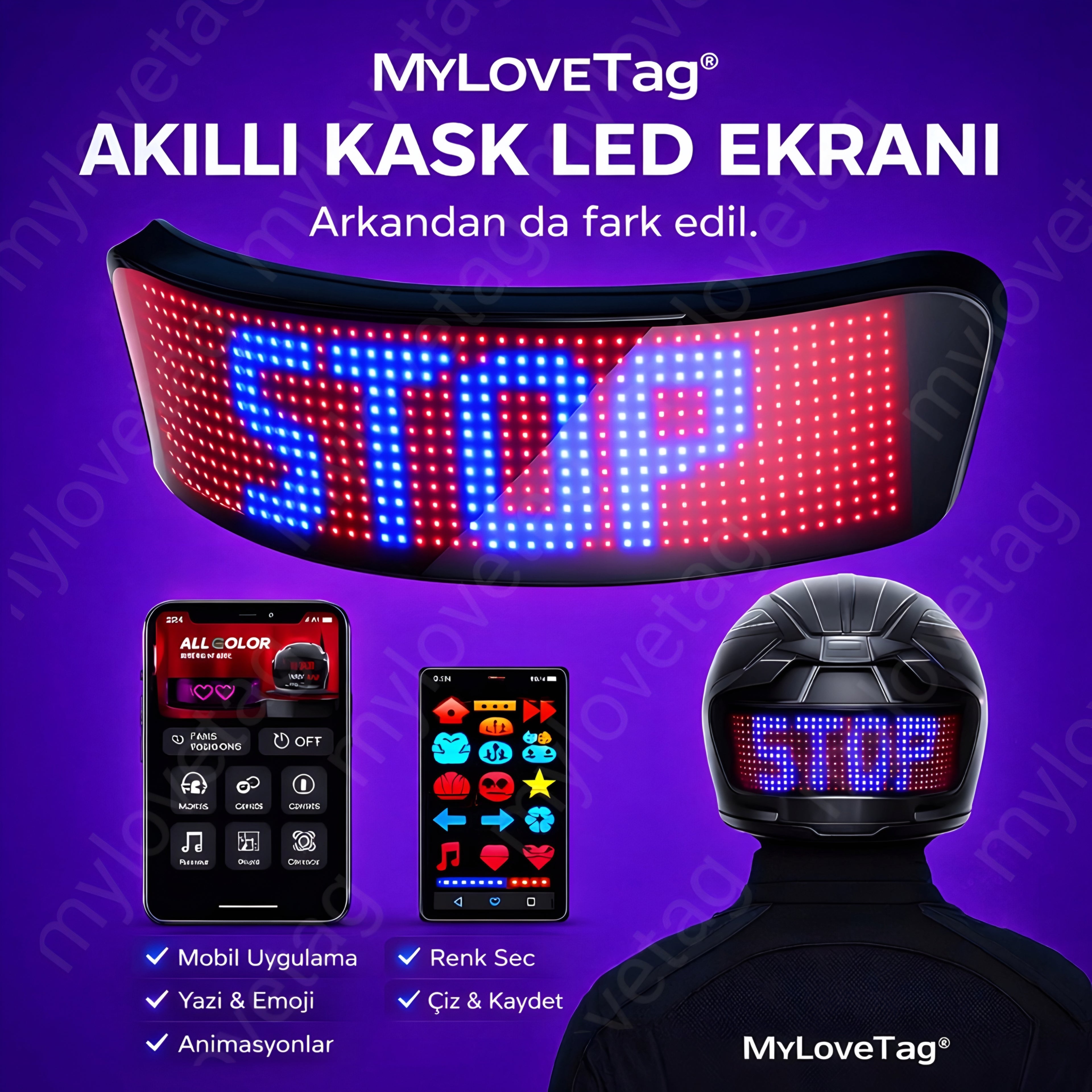 MyLoveTag MotoPixel™ Kask Arkası Ekran & Uygulama Destekli