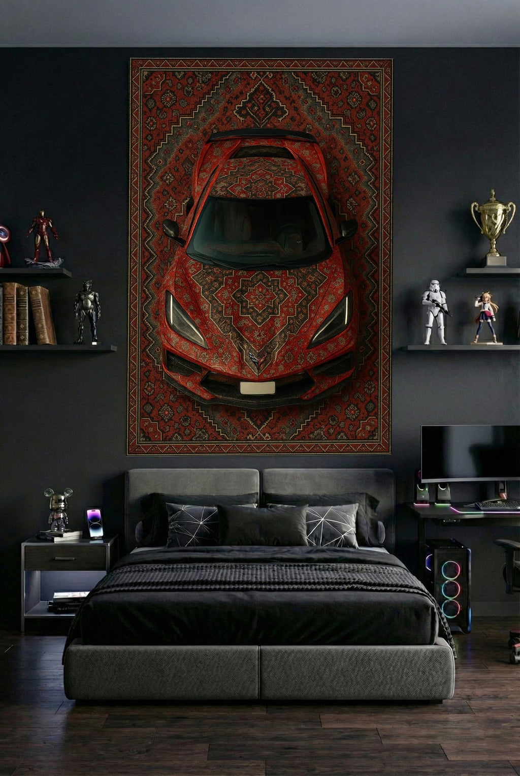 Corvette C8 Araba Halısı – Retro Fars Tarzı Zemin Halısı | Özel Otomotiv Tasarımı