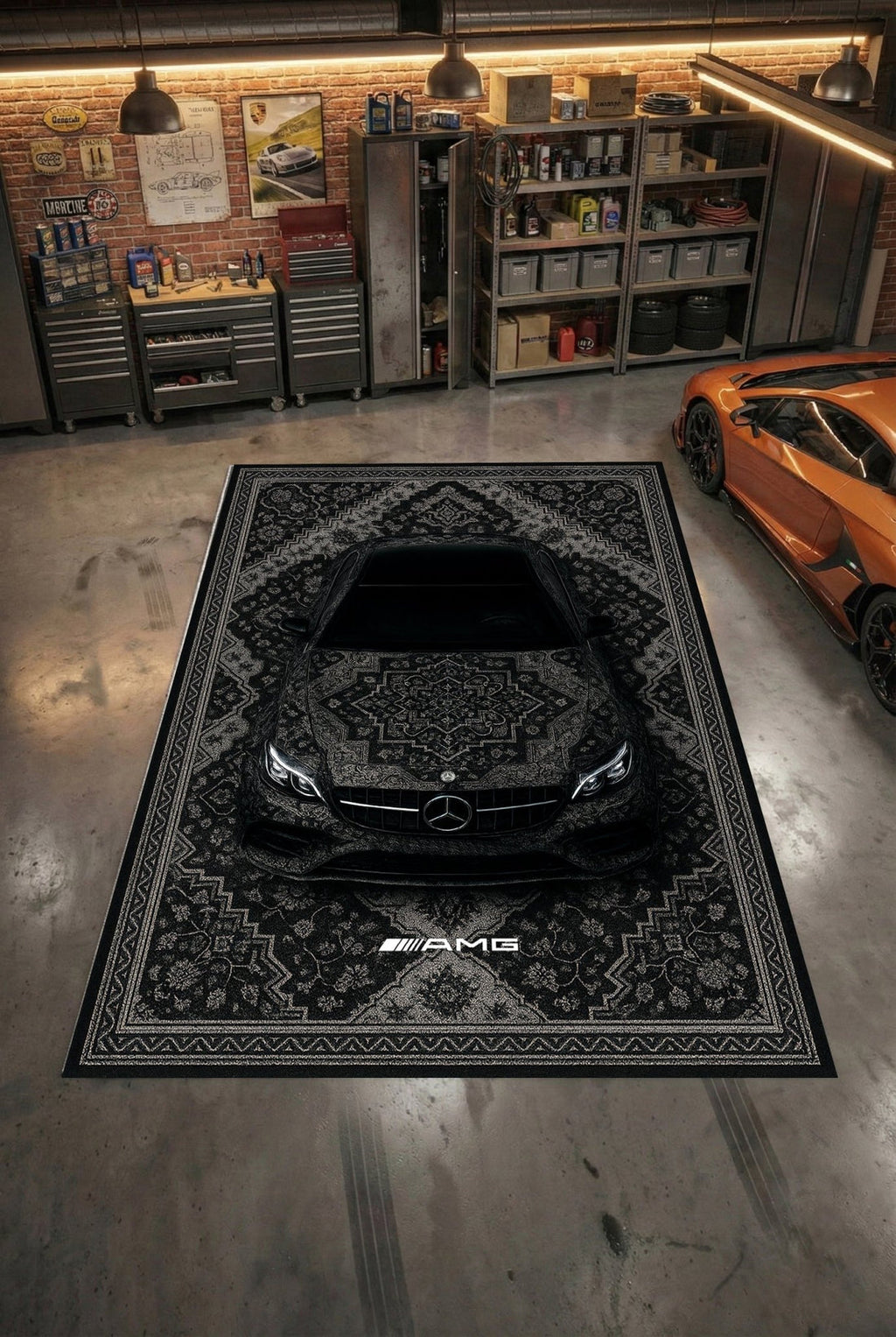 Mercedes E63 Araba Halısı – Retro Fars Tarzı Zemin Halısı | Özel Otomotiv Tasarımı